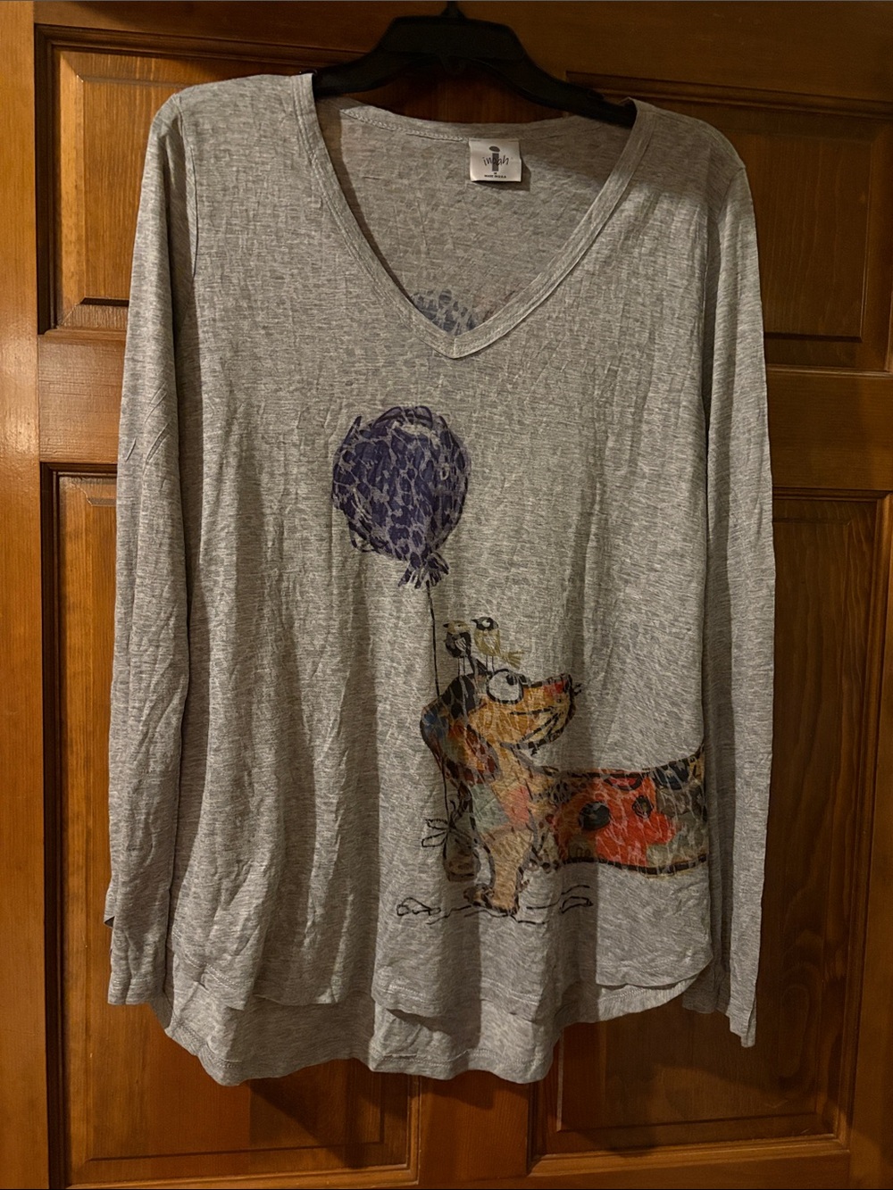 Nola Gray Long-Sleeve Tee with Colorful Dog & Purple Balloon
